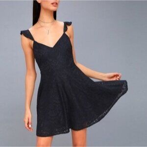 Lulus Absolutely Adorable Lace Backless Skater Dress Navy Size Medium